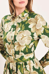 EVERGREEN CAMELLIA DREAM WOVEN MIDI SHIRT DRESS