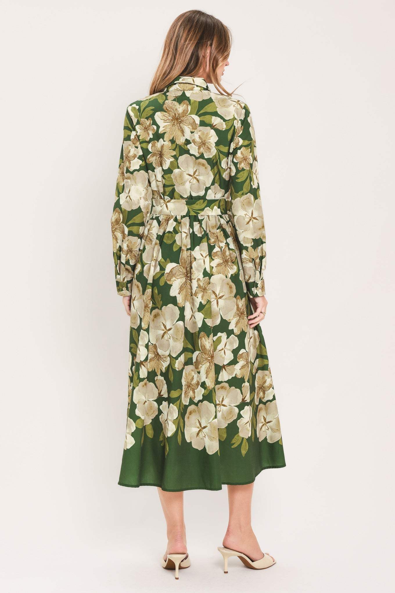 EVERGREEN CAMELLIA DREAM WOVEN MIDI SHIRT DRESS