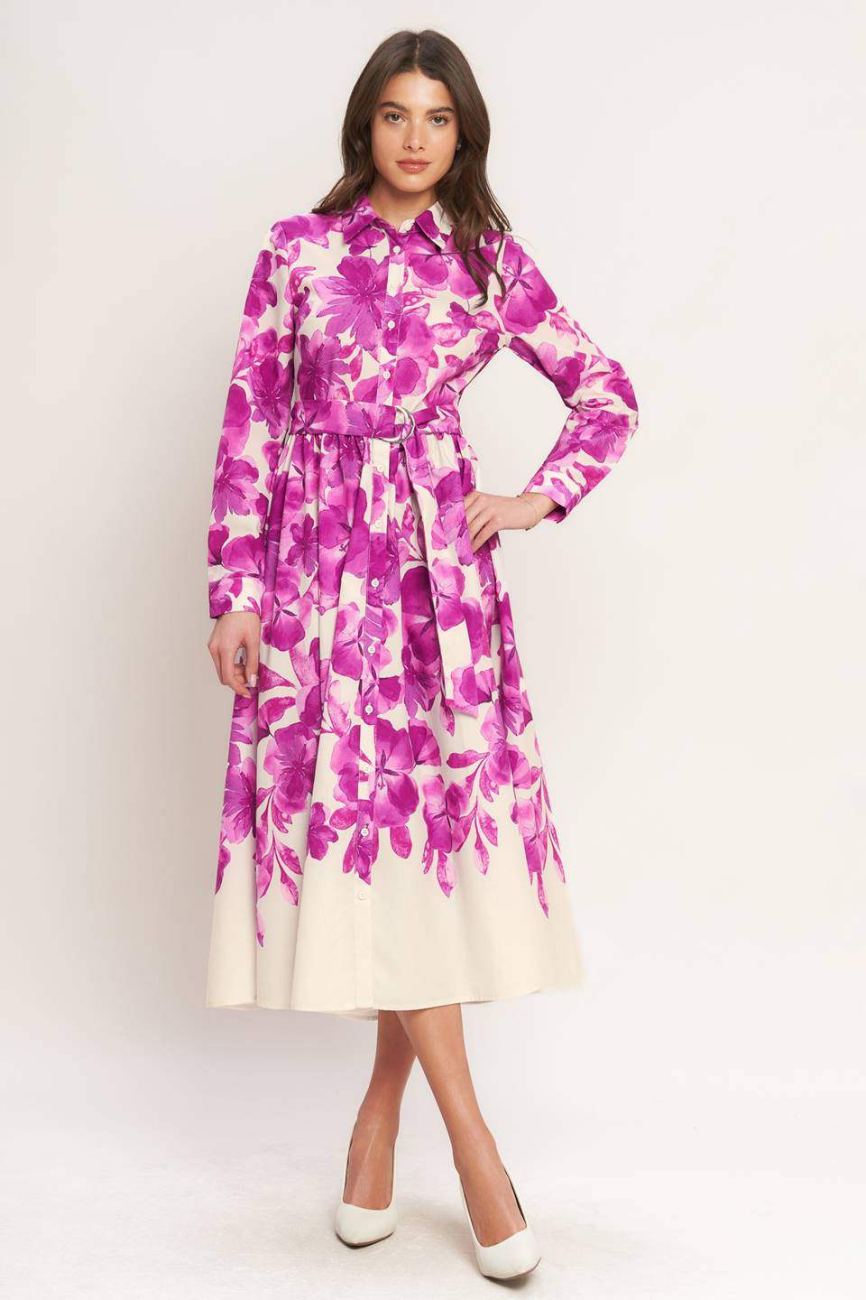 EVERGREEN CAMELLIA DREAM WOVEN MIDI SHIRT DRESS