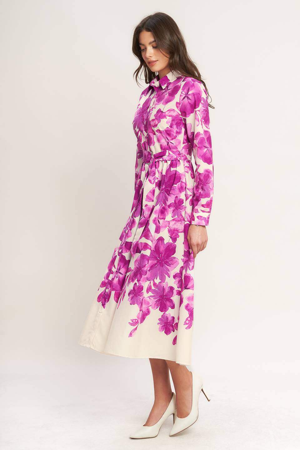 EVERGREEN CAMELLIA DREAM WOVEN MIDI SHIRT DRESS
