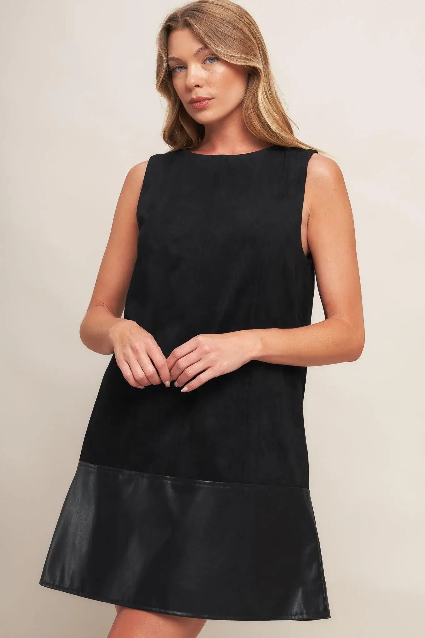 CITY SLEEK FAUX SUEDE AND LEATHER SHIFT DRESS - Flying Tomato - Flyclothing LLC