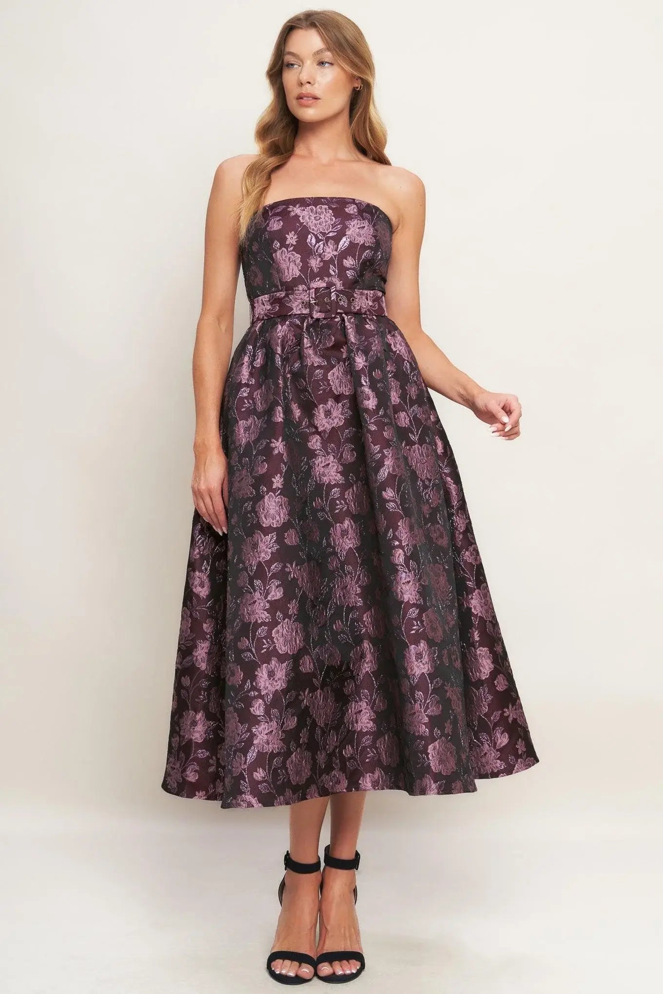 AUBERGINE CHIC JACQUARD WOVEN MIDI DRESS - Flying Tomato - Flyclothing LLC