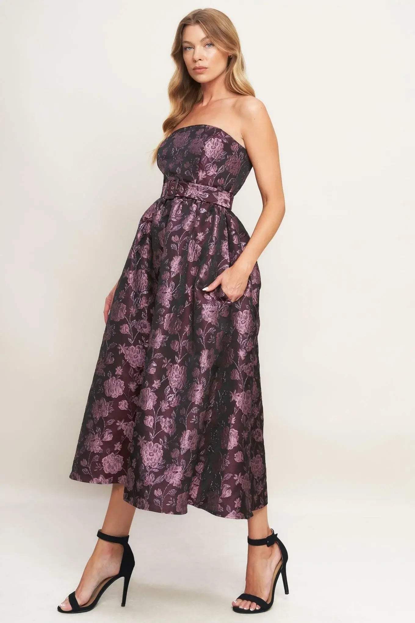 AUBERGINE CHIC JACQUARD WOVEN MIDI DRESS - Flying Tomato - Flyclothing LLC