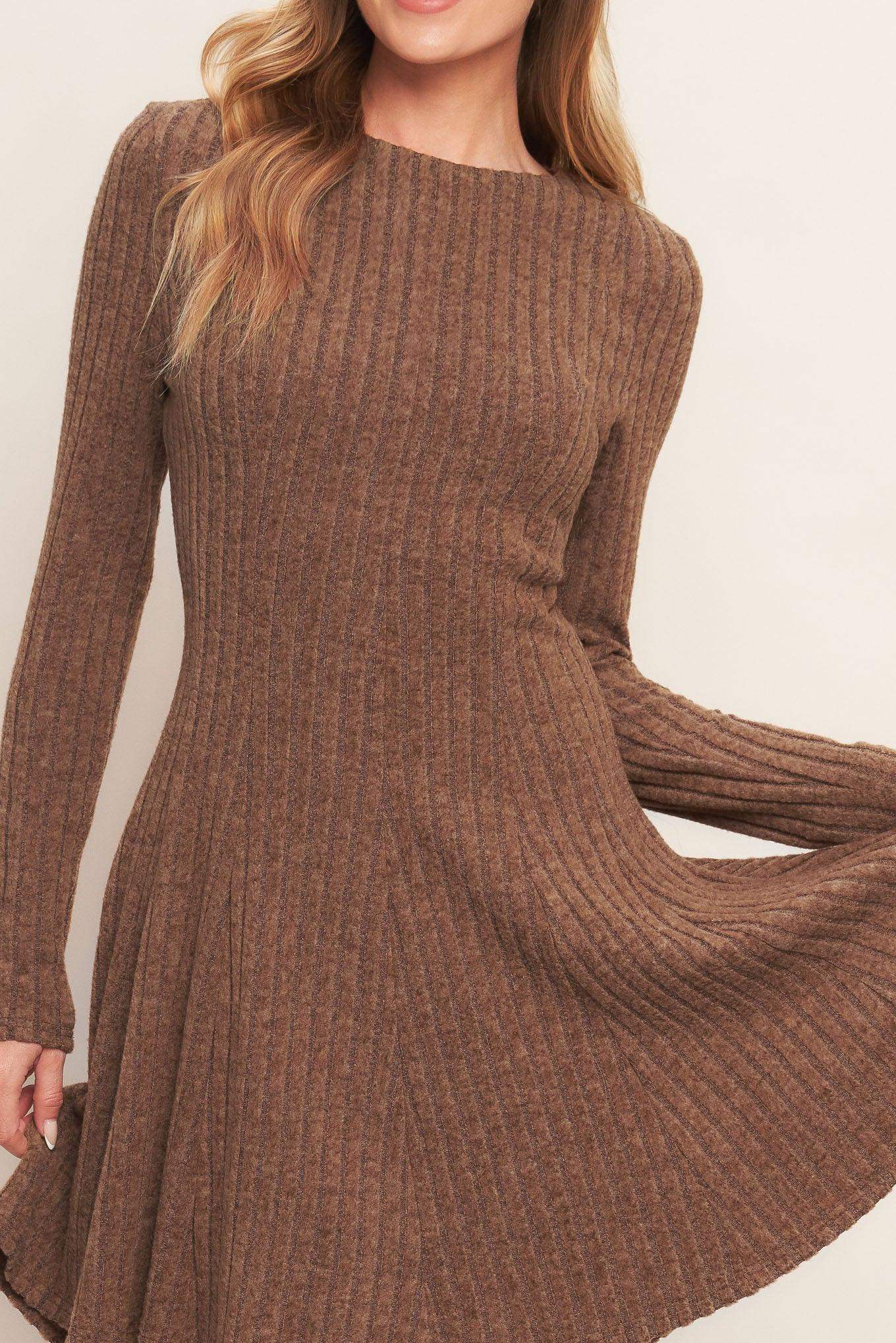 AUTUMN COFFEE BROWN KNIT MINI DRESS - Flying Tomato - Flyclothing LLC