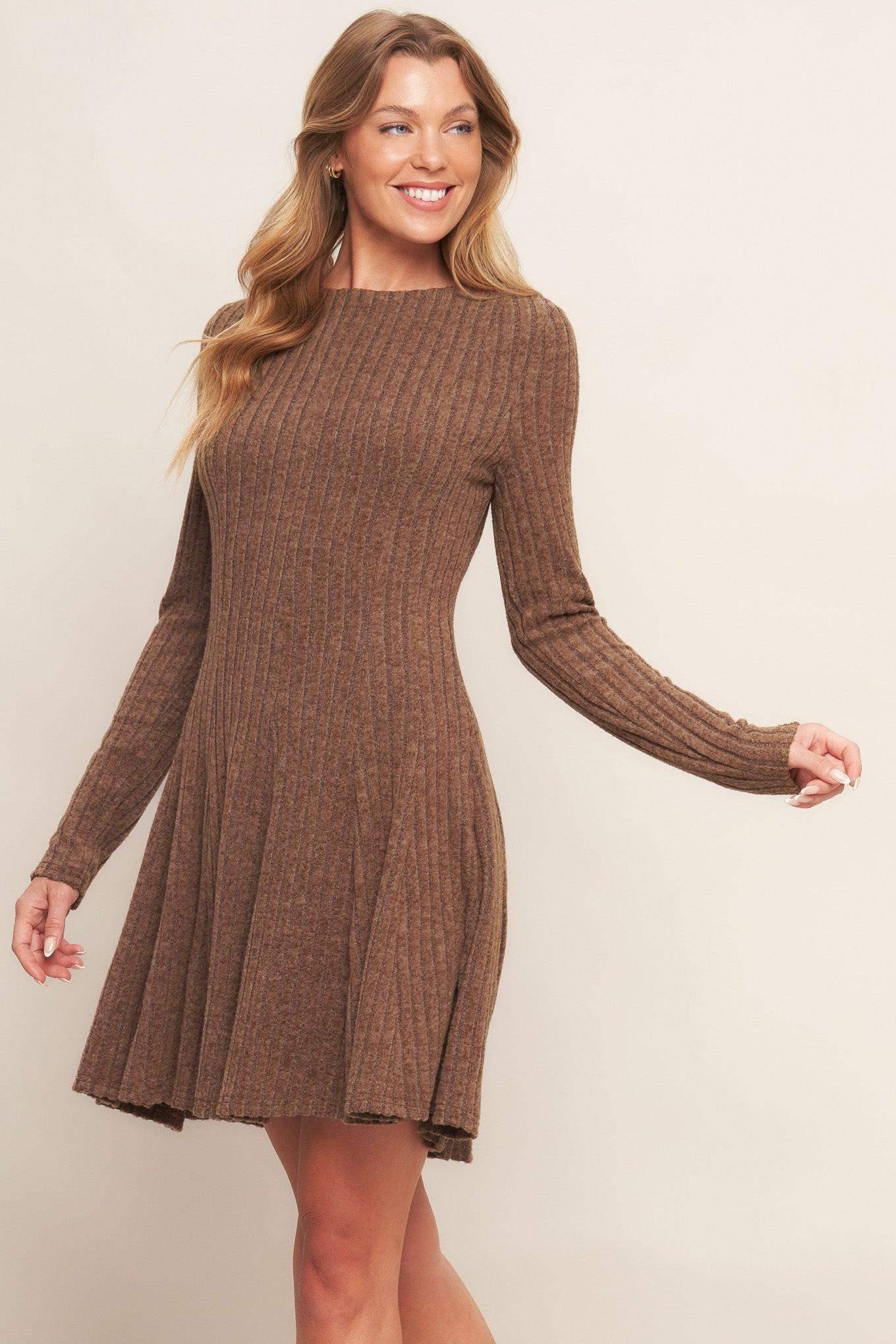 AUTUMN COFFEE BROWN KNIT MINI DRESS - Flying Tomato - Flyclothing LLC