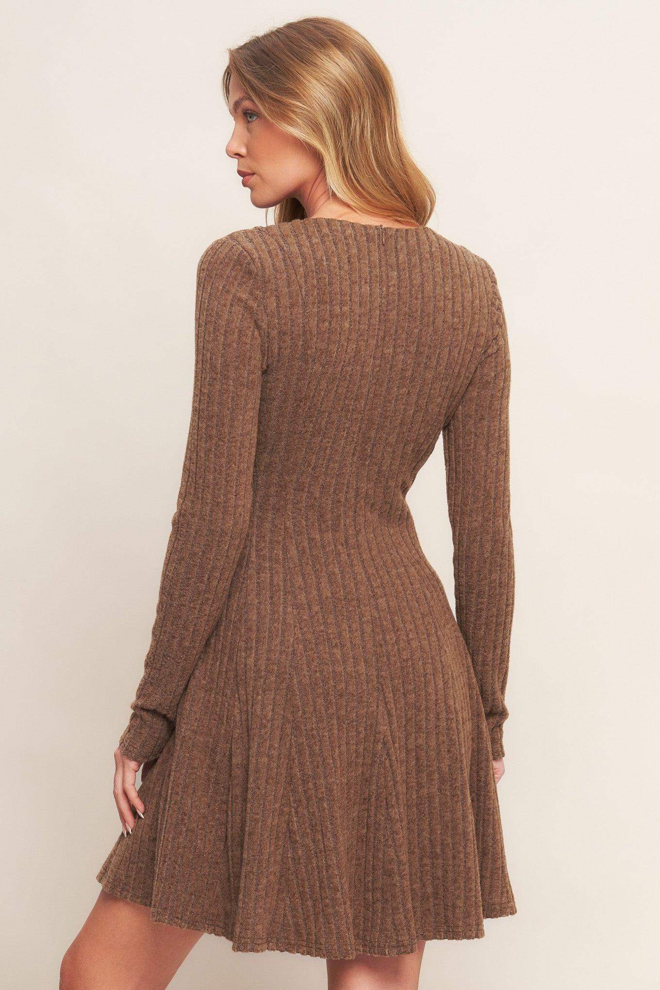AUTUMN COFFEE BROWN KNIT MINI DRESS - Flying Tomato - Flyclothing LLC