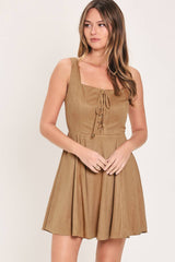 DESERT LACE CAMEL FAUX SUEDE LACE-UP MINI DRESS - Flying Tomato - Flyclothing LLC
