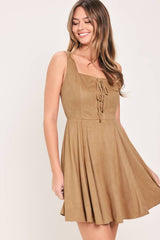DESERT LACE CAMEL FAUX SUEDE LACE-UP MINI DRESS - Flying Tomato - Flyclothing LLC