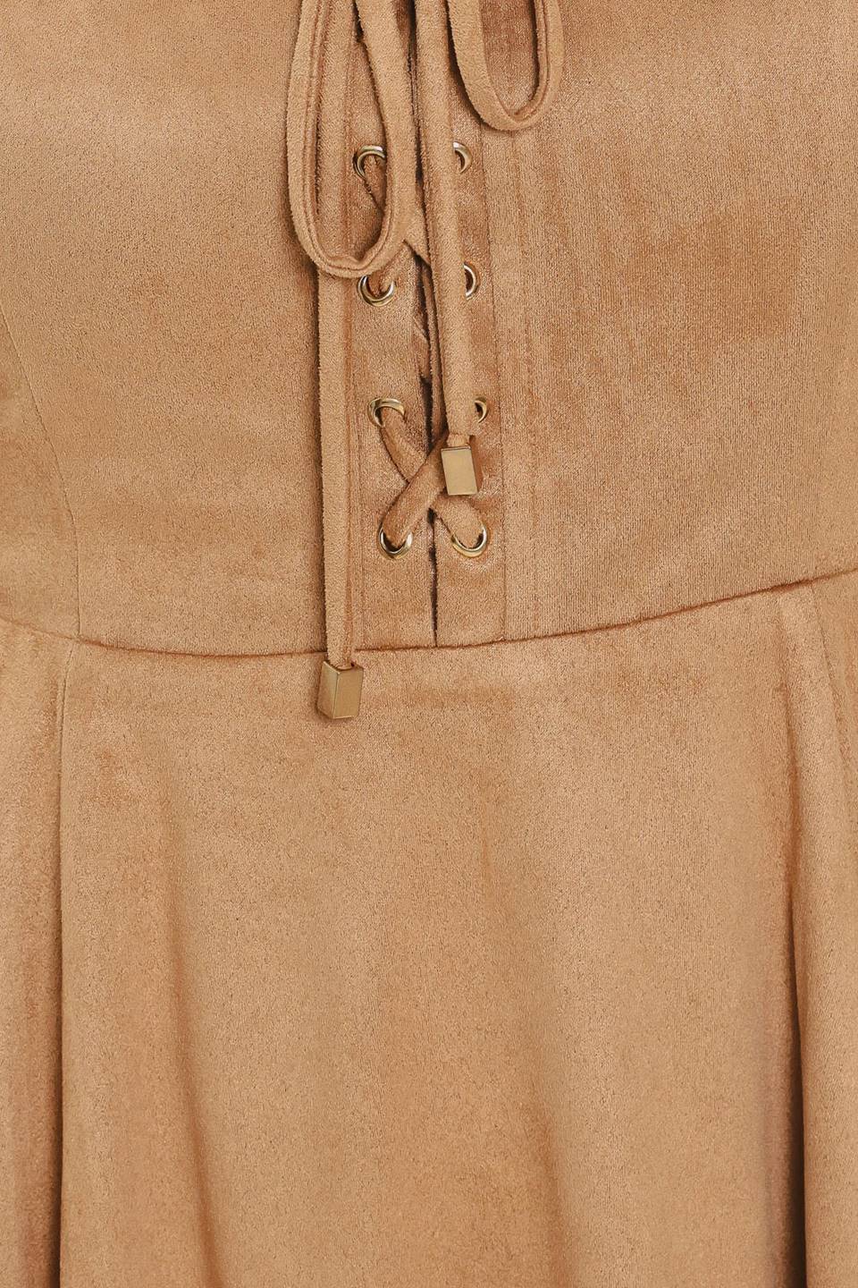 DESERT LACE CAMEL FAUX SUEDE LACE-UP MINI DRESS - Flying Tomato - Flyclothing LLC
