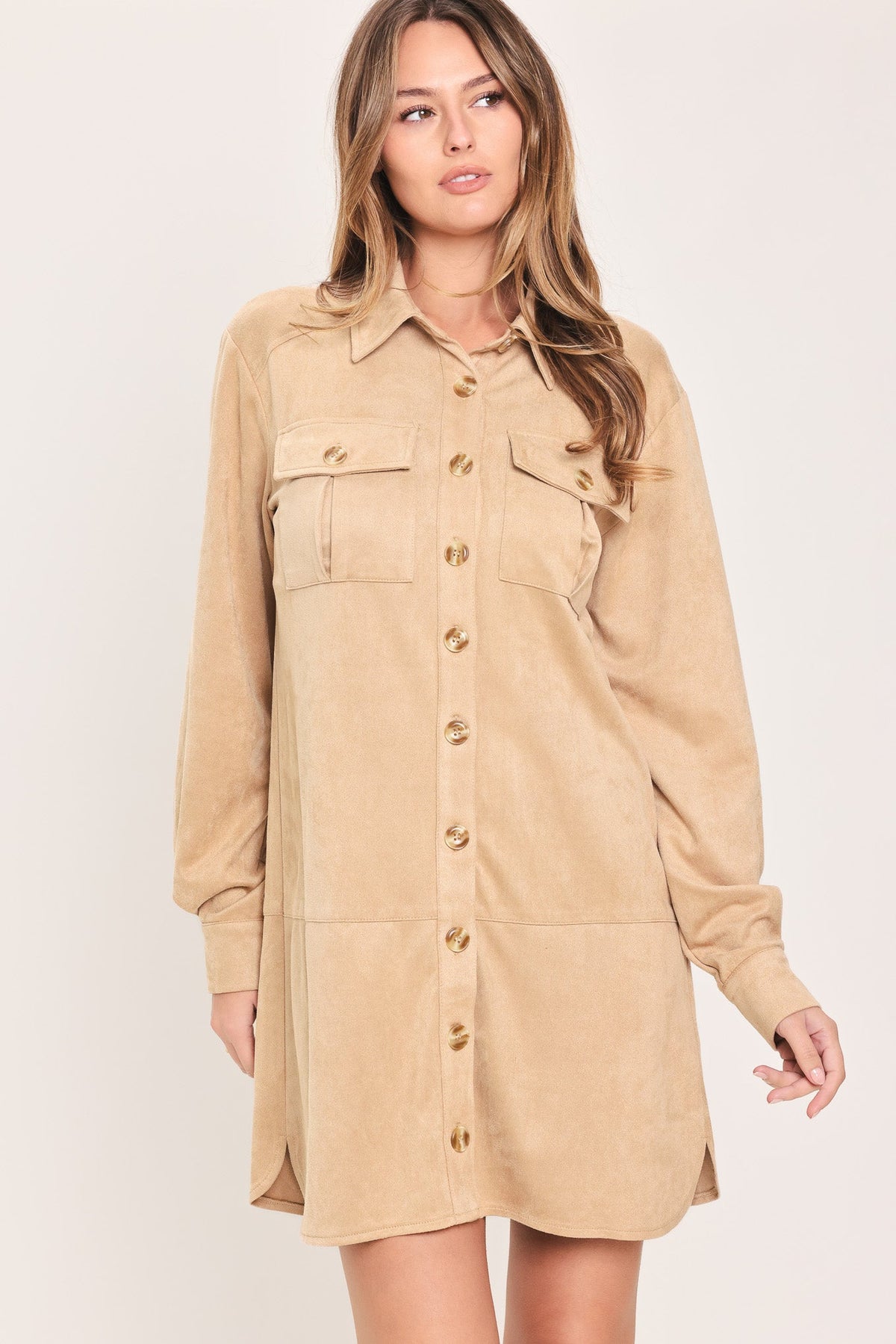 SAND SAFARI SAND FAUX SUEDE BELTED SHIRT MINI DRESS - Flying Tomato - Flyclothing LLC