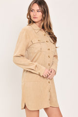 SAND SAFARI SAND FAUX SUEDE BELTED SHIRT MINI DRESS - Flying Tomato - Flyclothing LLC