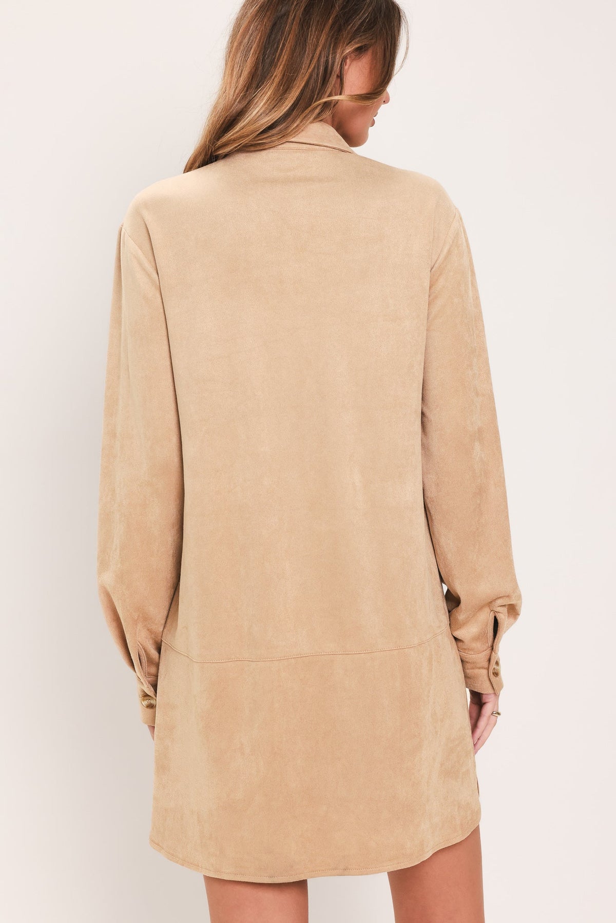 SAND SAFARI SAND FAUX SUEDE BELTED SHIRT MINI DRESS - Flying Tomato - Flyclothing LLC
