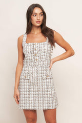 GOLDEN GRID LUXE TWEED MINI DRESS - Flying Tomato - Flyclothing LLC