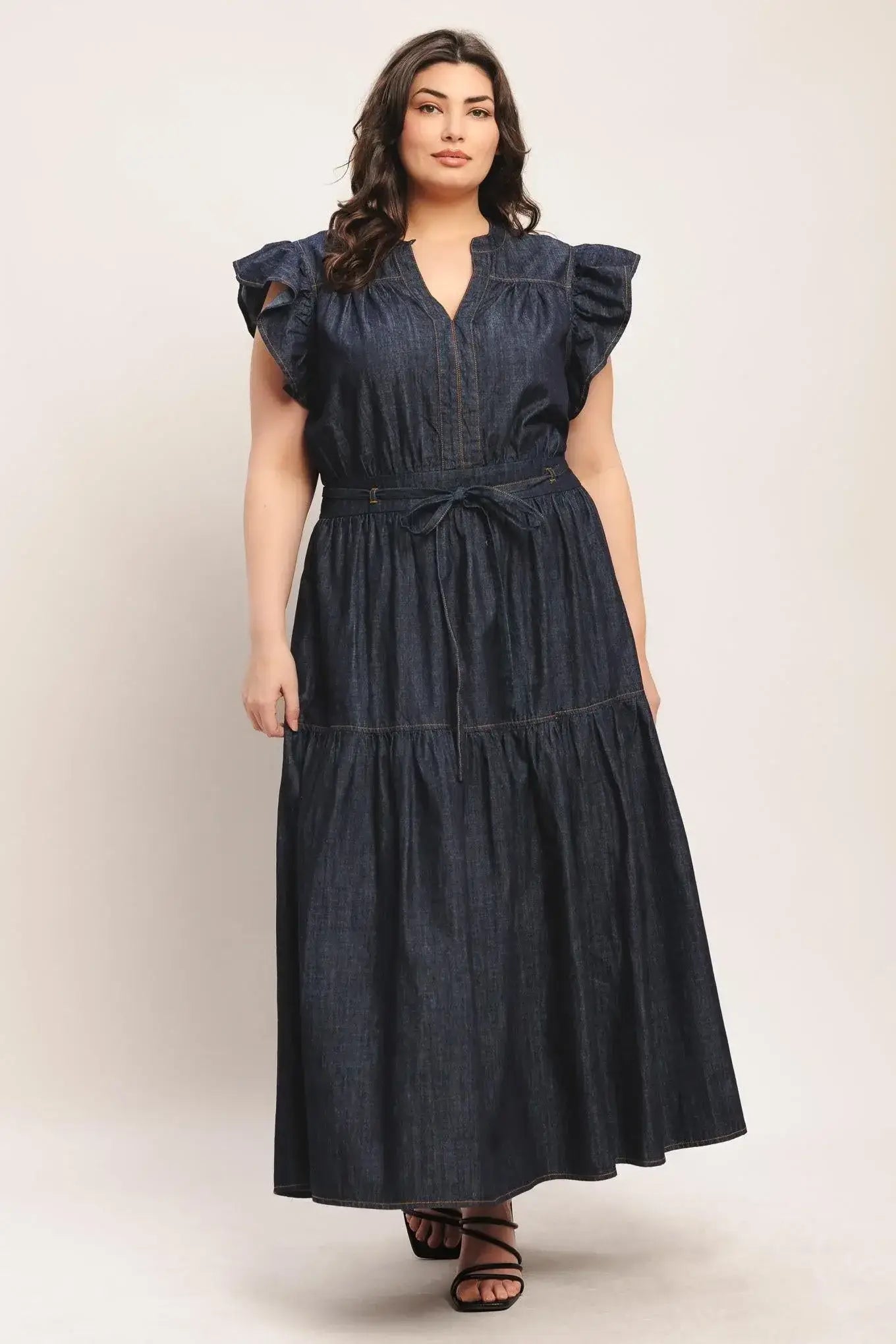 POWER DENIM GODDESS DARK INDIGO MIDI DRESS - Flying Tomato - Flyclothing LLC