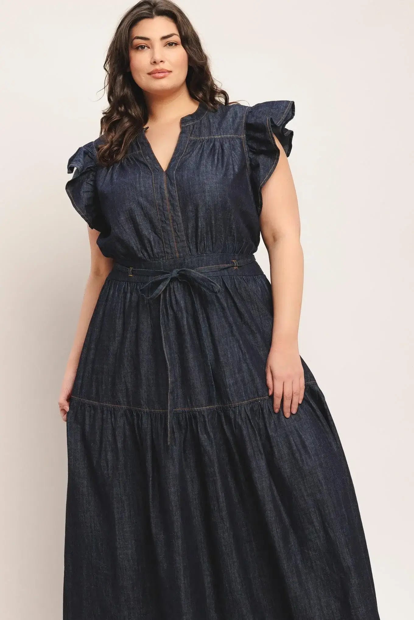 POWER DENIM GODDESS DARK INDIGO MIDI DRESS - Flying Tomato - Flyclothing LLC