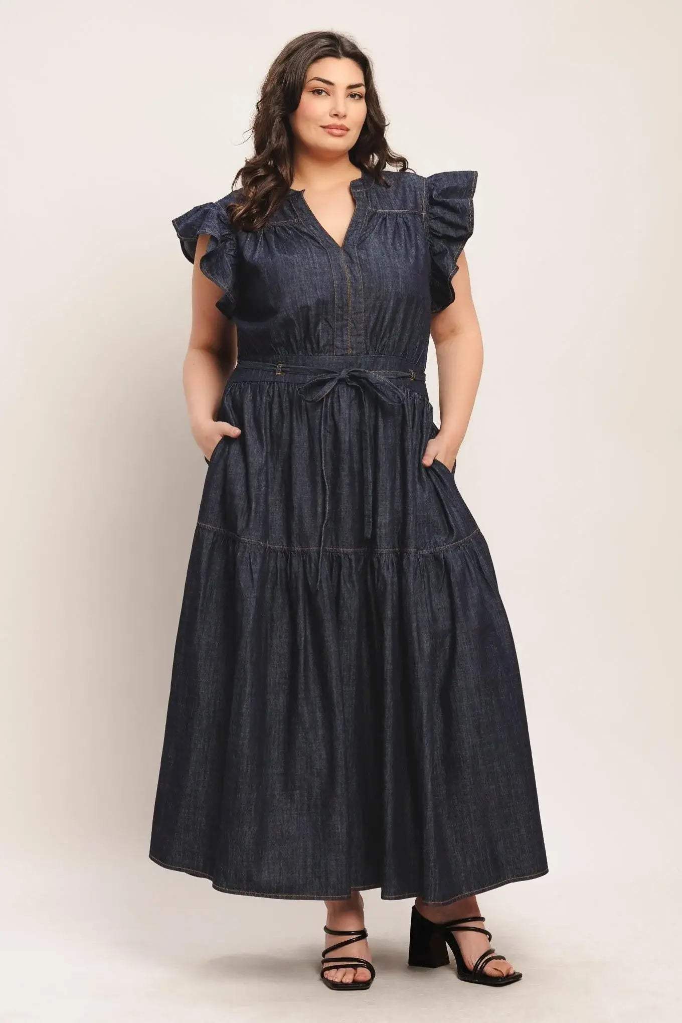 POWER DENIM GODDESS DARK INDIGO MIDI DRESS - Flying Tomato - Flyclothing LLC