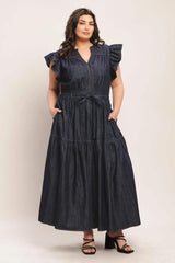 POWER DENIM GODDESS DARK INDIGO MIDI DRESS - Flying Tomato - Flyclothing LLC