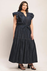 POWER DENIM GODDESS DARK INDIGO MIDI DRESS - Flying Tomato - Flyclothing LLC