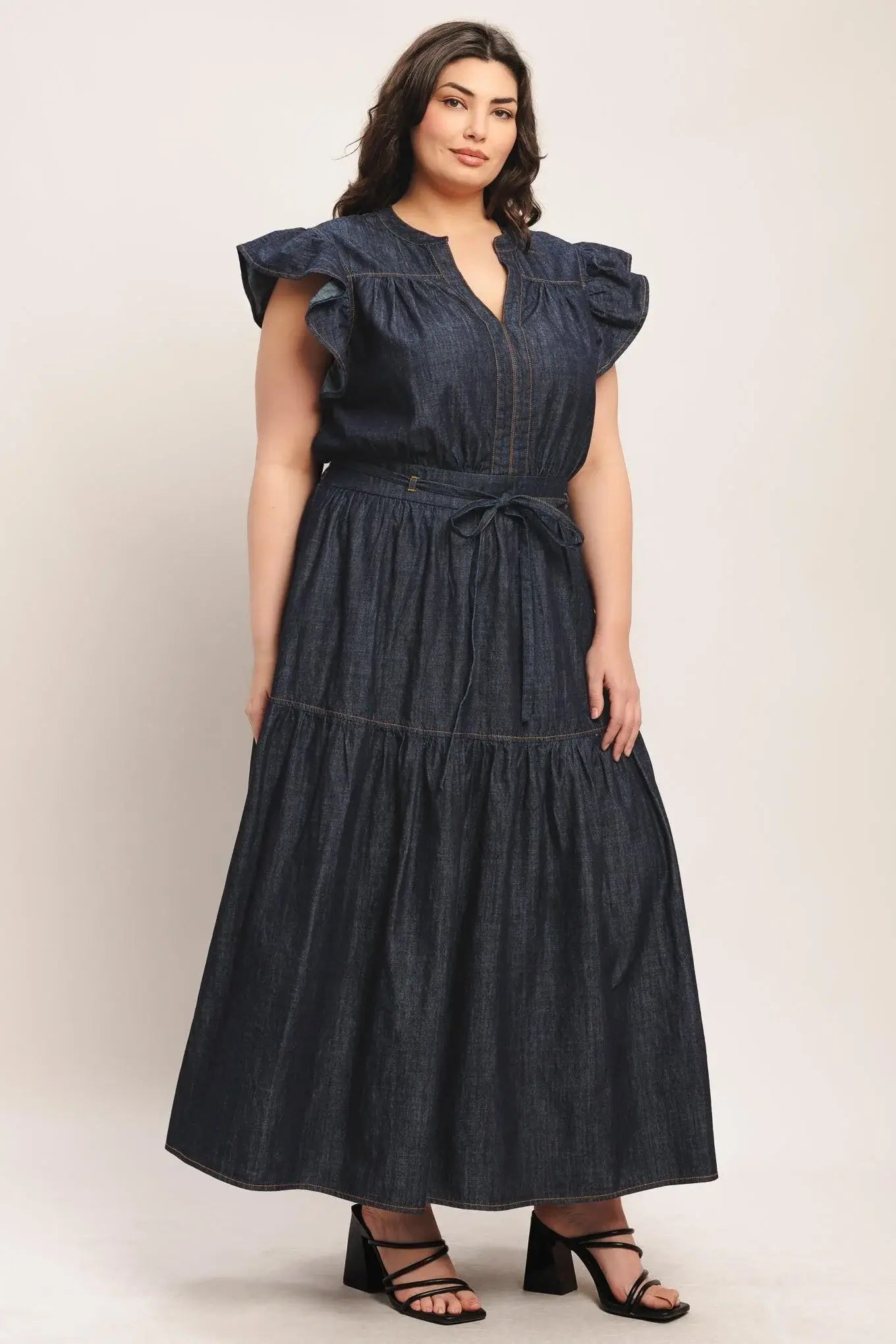 POWER DENIM GODDESS DARK INDIGO MIDI DRESS - Flying Tomato - Flyclothing LLC