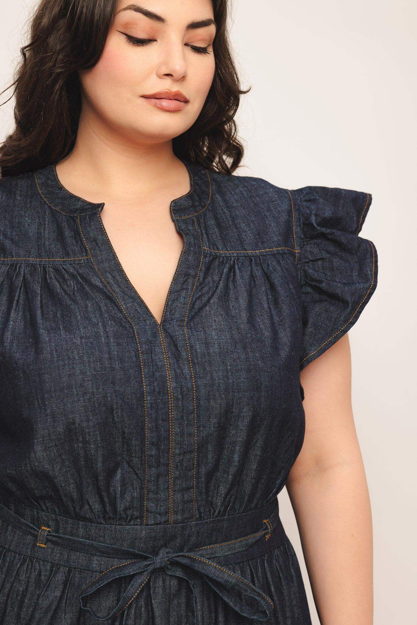 POWER DENIM GODDESS DARK INDIGO MIDI DRESS - Flying Tomato - Flyclothing LLC