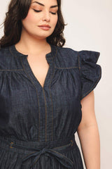 POWER DENIM GODDESS DARK INDIGO MIDI DRESS - Flying Tomato - Flyclothing LLC