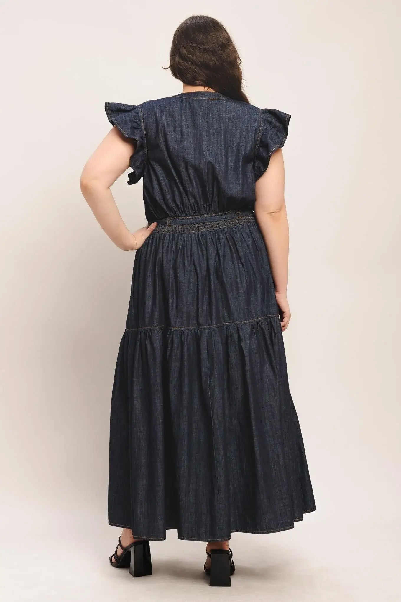 POWER DENIM GODDESS DARK INDIGO MIDI DRESS - Flying Tomato - Flyclothing LLC