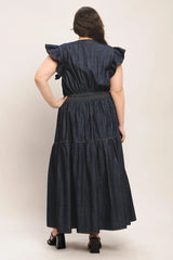 POWER DENIM GODDESS DARK INDIGO MIDI DRESS - Flying Tomato - Flyclothing LLC