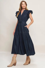 POWER DENIM GODDESS DARK INDIGO MIDI DRESS - Flying Tomato - Flyclothing LLC