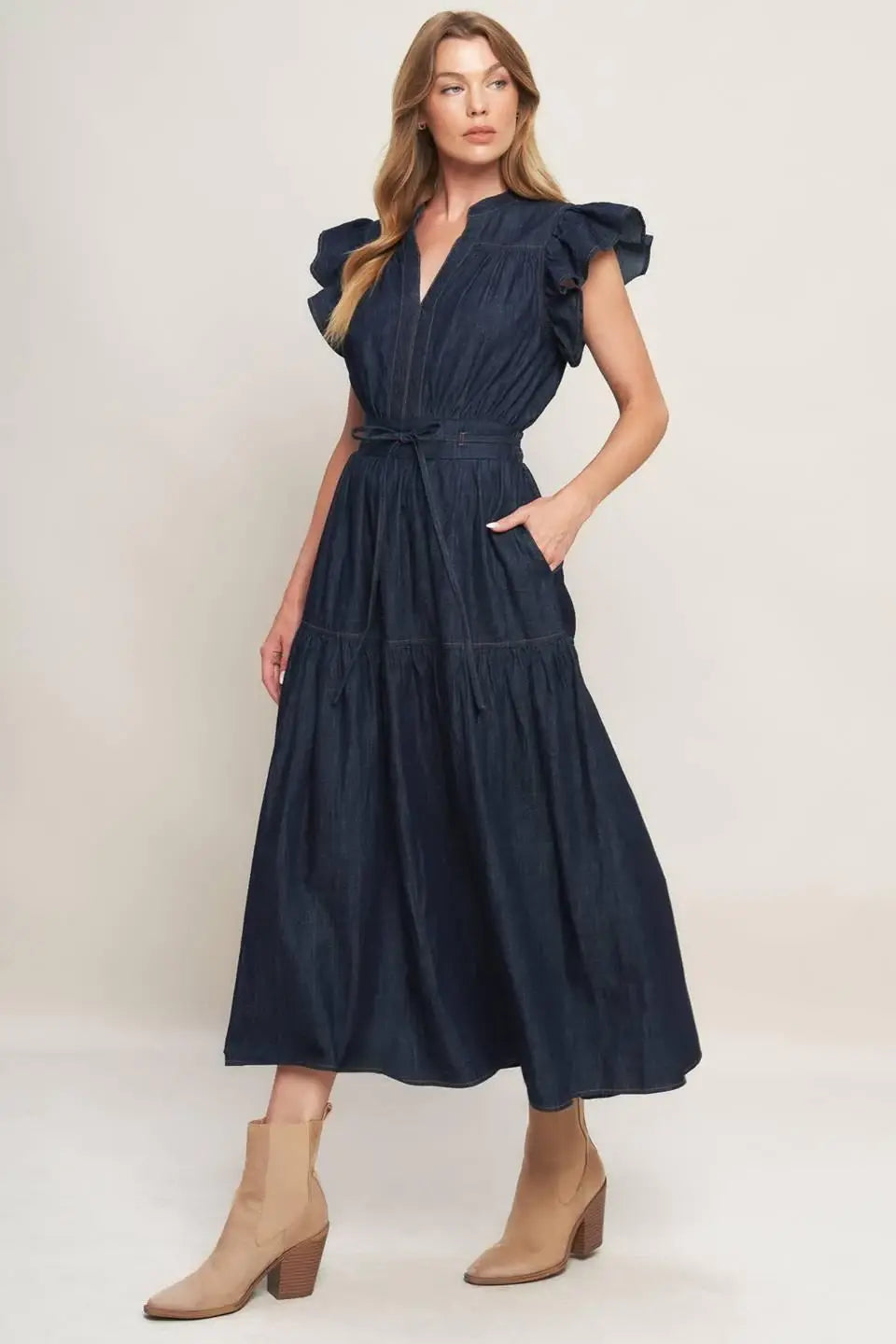 POWER DENIM GODDESS DARK INDIGO MIDI DRESS - Flying Tomato - Flyclothing LLC