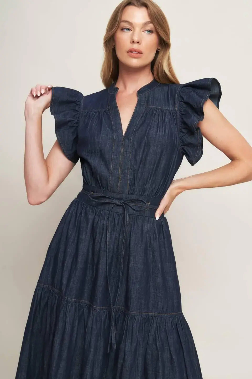POWER DENIM GODDESS DARK INDIGO MIDI DRESS - Flying Tomato - Flyclothing LLC
