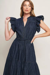 POWER DENIM GODDESS DARK INDIGO MIDI DRESS - Flying Tomato - Flyclothing LLC