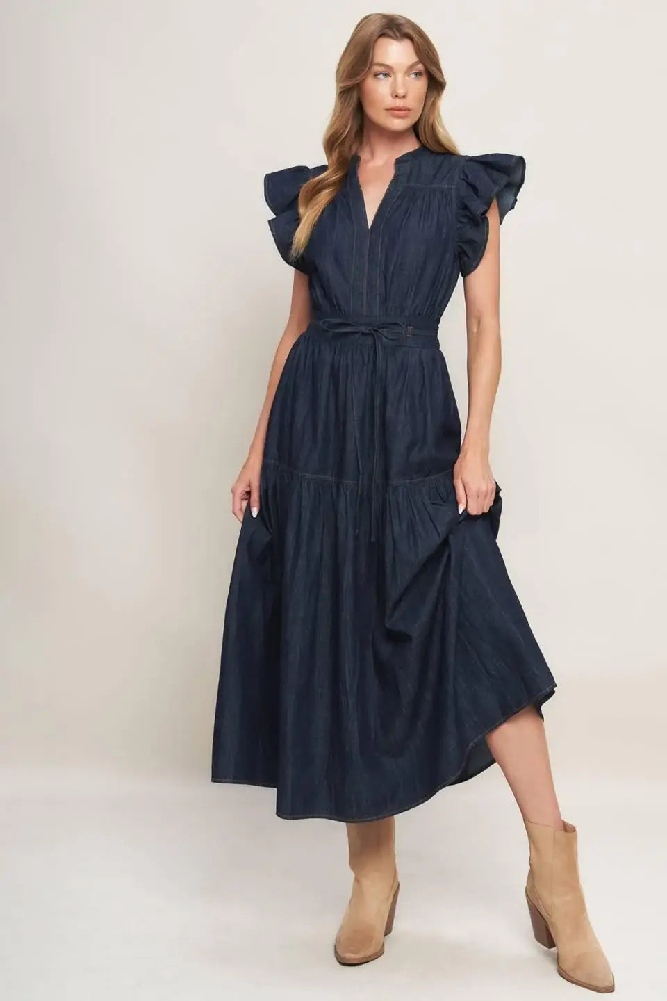 POWER DENIM GODDESS DARK INDIGO MIDI DRESS - Flying Tomato - Flyclothing LLC