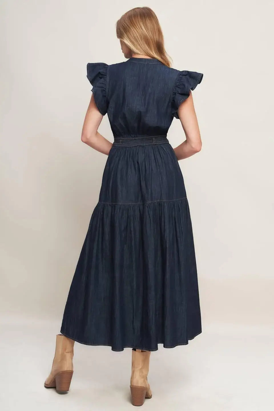 POWER DENIM GODDESS DARK INDIGO MIDI DRESS - Flying Tomato - Flyclothing LLC