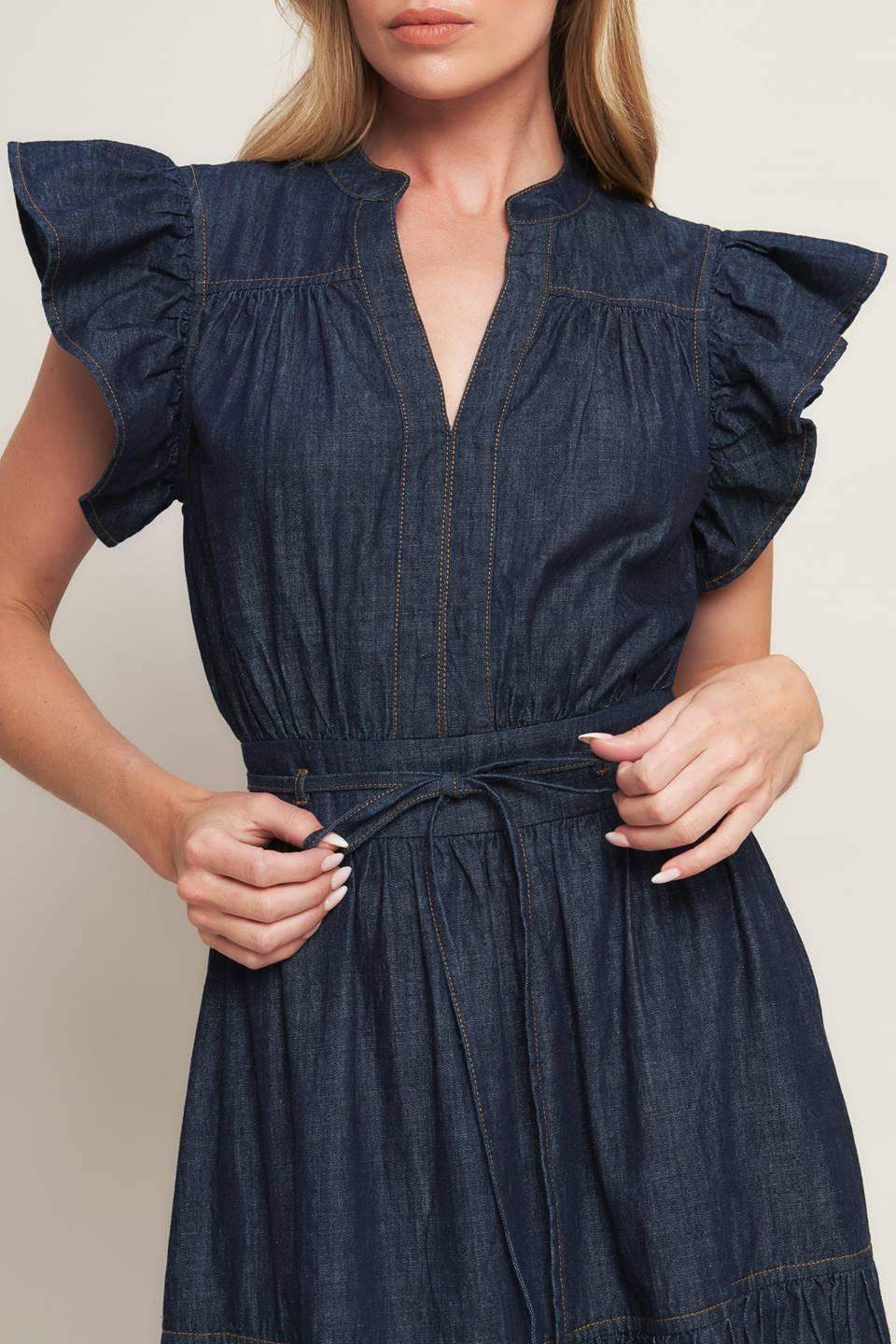 POWER DENIM GODDESS DARK INDIGO MIDI DRESS - Flying Tomato - Flyclothing LLC
