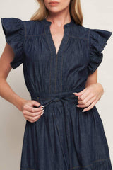 POWER DENIM GODDESS DARK INDIGO MIDI DRESS - Flying Tomato - Flyclothing LLC