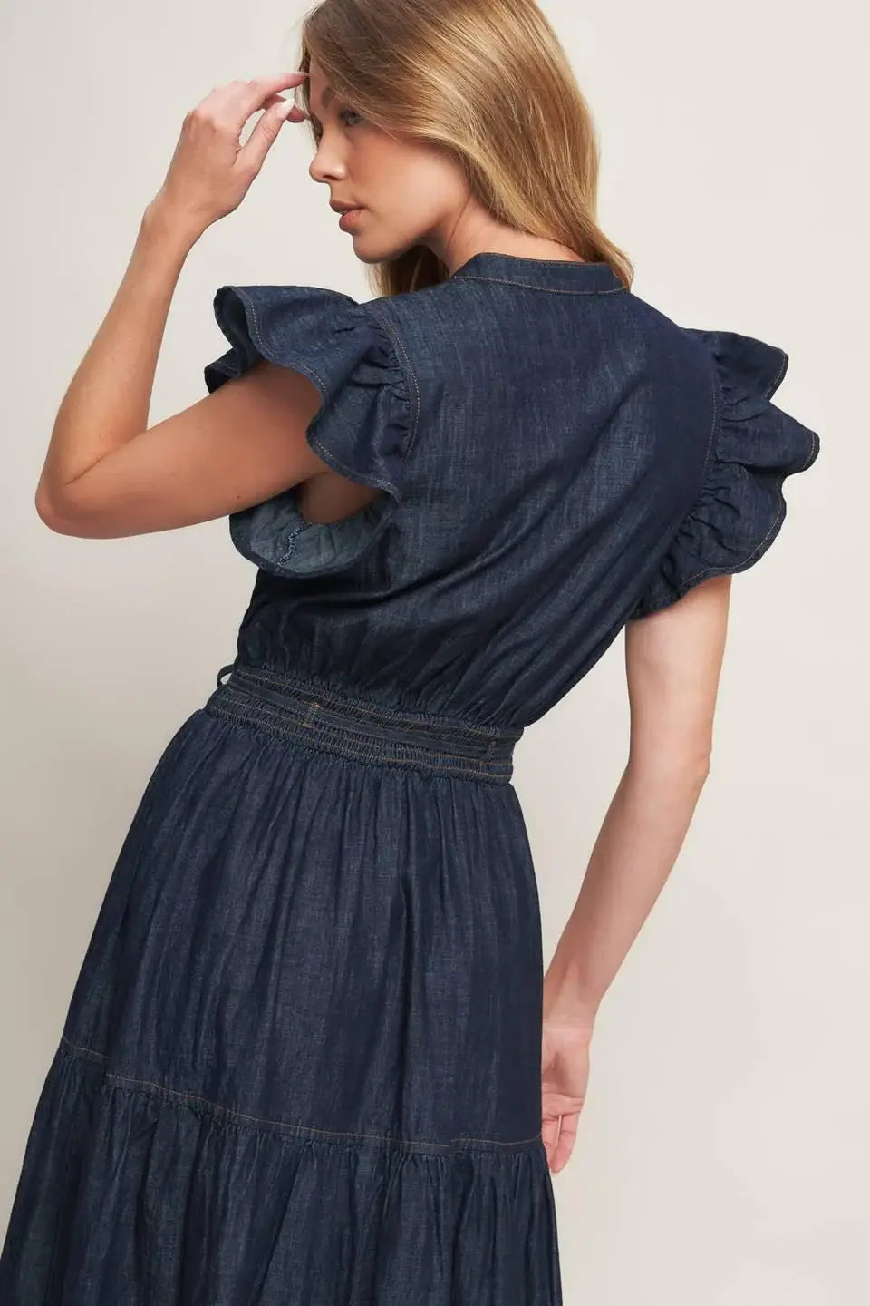 POWER DENIM GODDESS DARK INDIGO MIDI DRESS - Flying Tomato - Flyclothing LLC