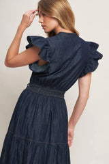 POWER DENIM GODDESS DARK INDIGO MIDI DRESS - Flying Tomato - Flyclothing LLC