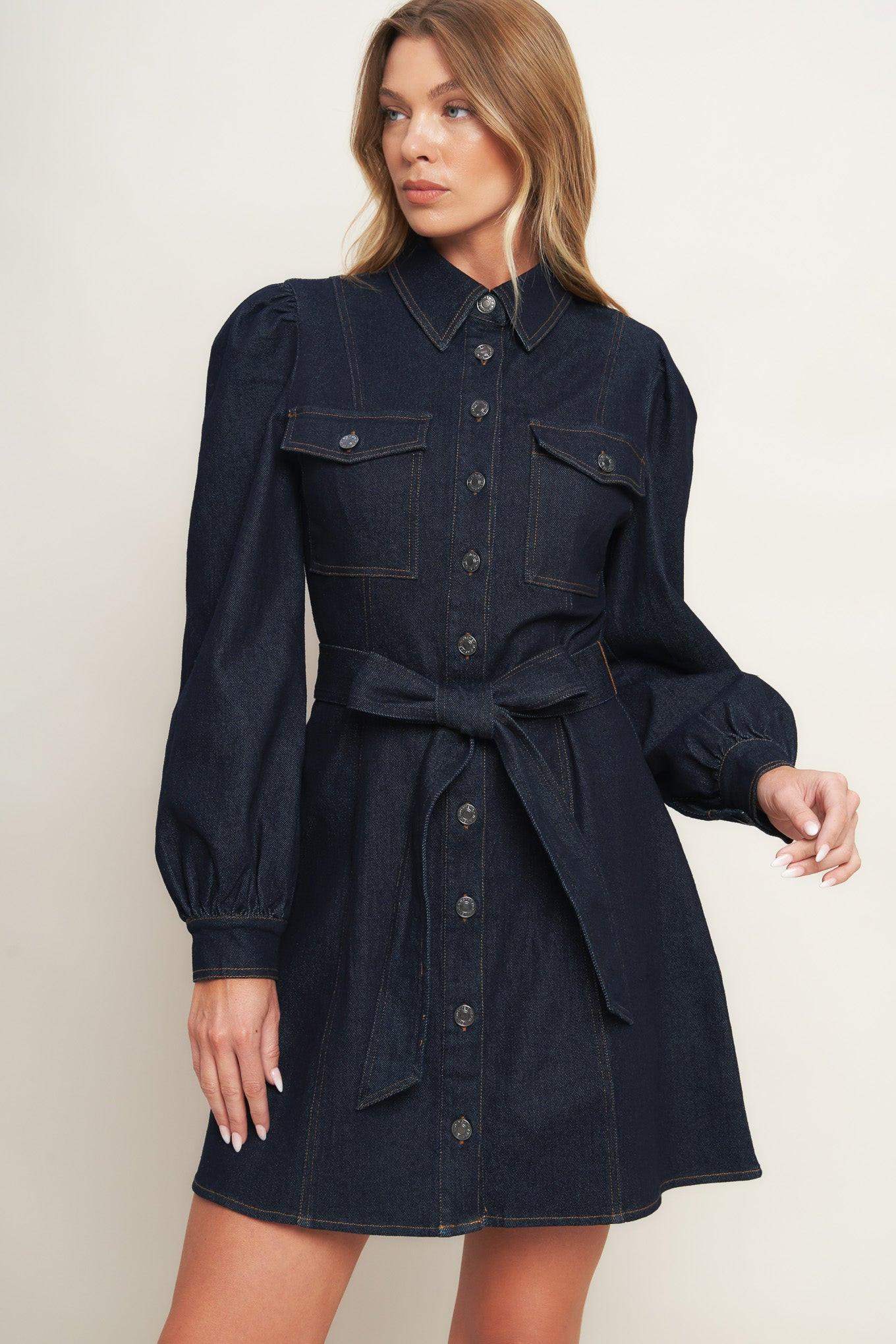 HOLIDAY DARK INDIGO DENIM MINI DRESS - Flying Tomato - Flyclothing LLC