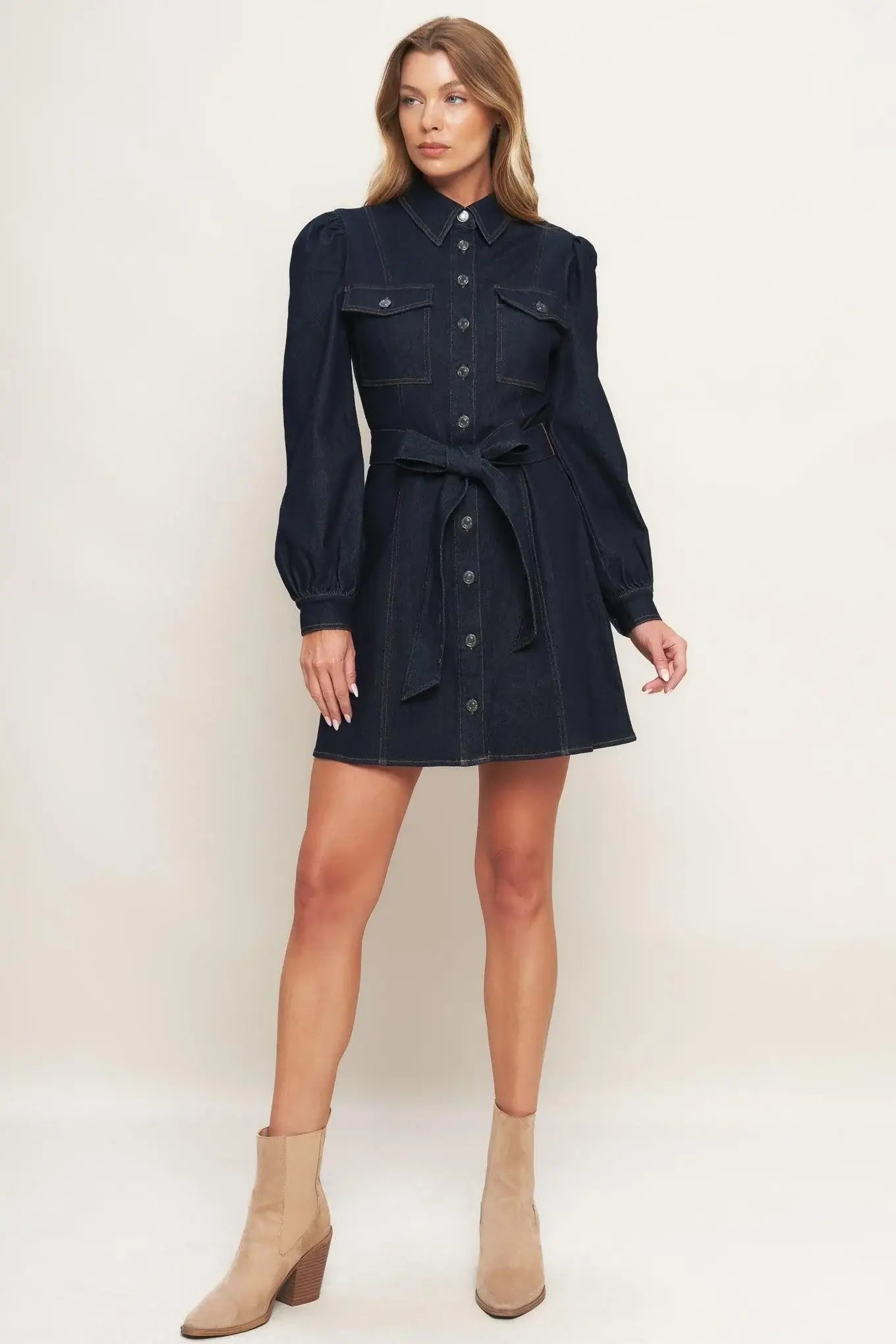 HOLIDAY DARK INDIGO DENIM MINI DRESS - Flying Tomato - Flyclothing LLC