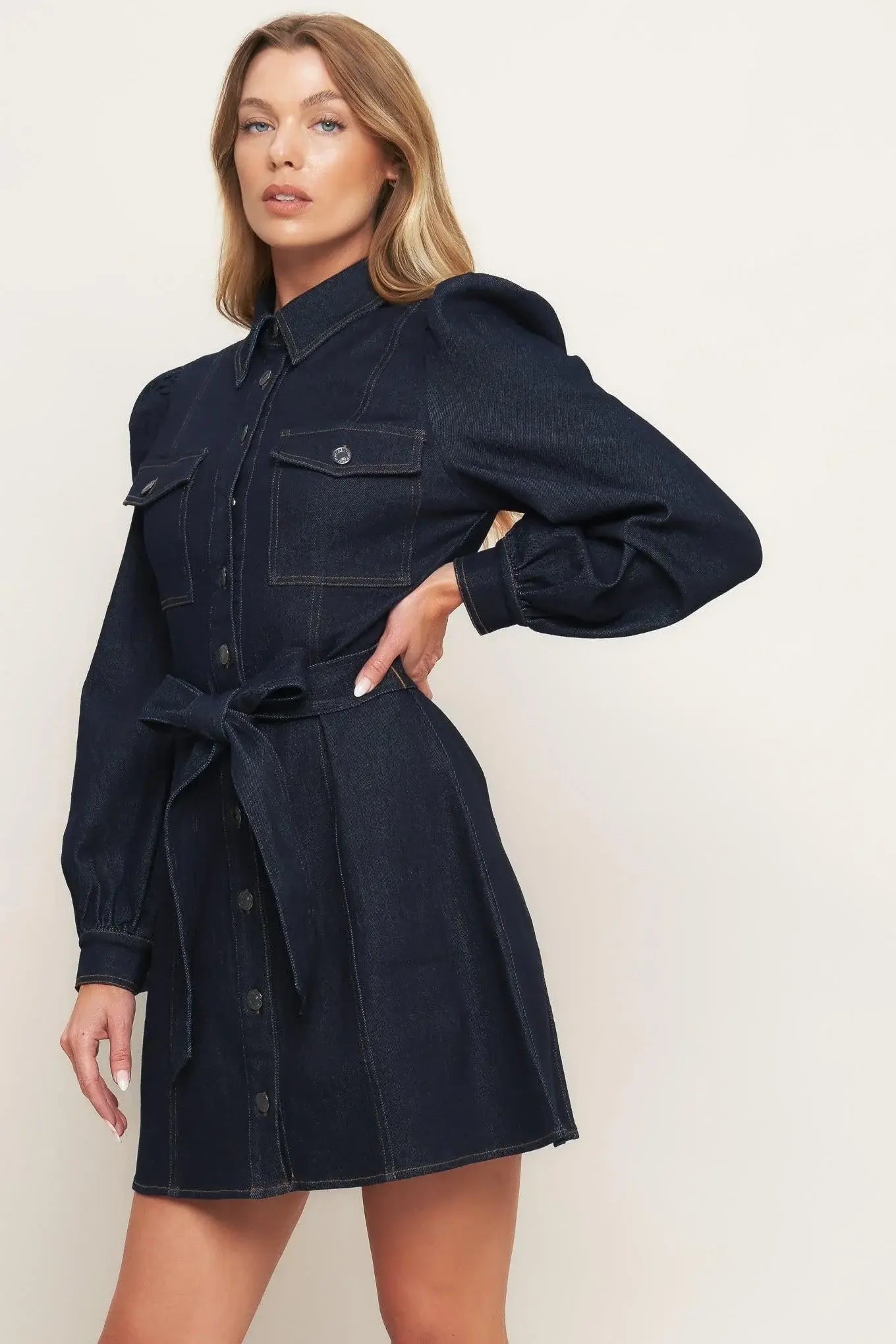 HOLIDAY DARK INDIGO DENIM MINI DRESS - Flying Tomato - Flyclothing LLC