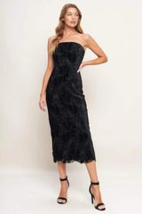 BLACK TEMPTATION WOVEN VELVET LACE MIDI DRESS - Flying Tomato - Flyclothing LLC