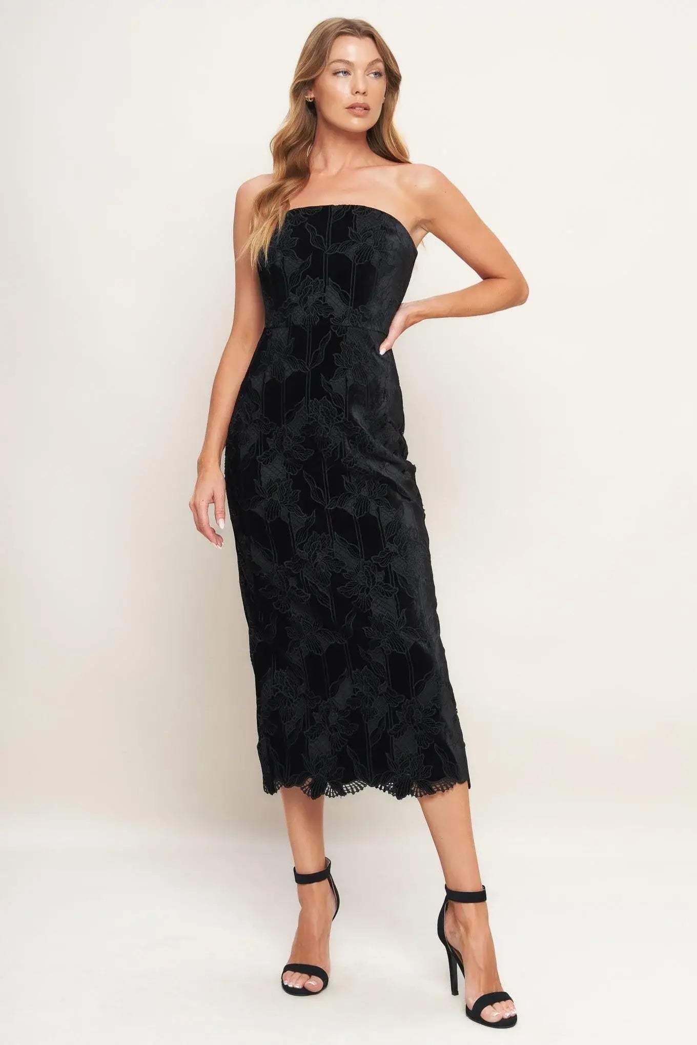 BLACK TEMPTATION WOVEN VELVET LACE MIDI DRESS - Flying Tomato - Flyclothing LLC