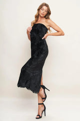 BLACK TEMPTATION WOVEN VELVET LACE MIDI DRESS - Flying Tomato - Flyclothing LLC