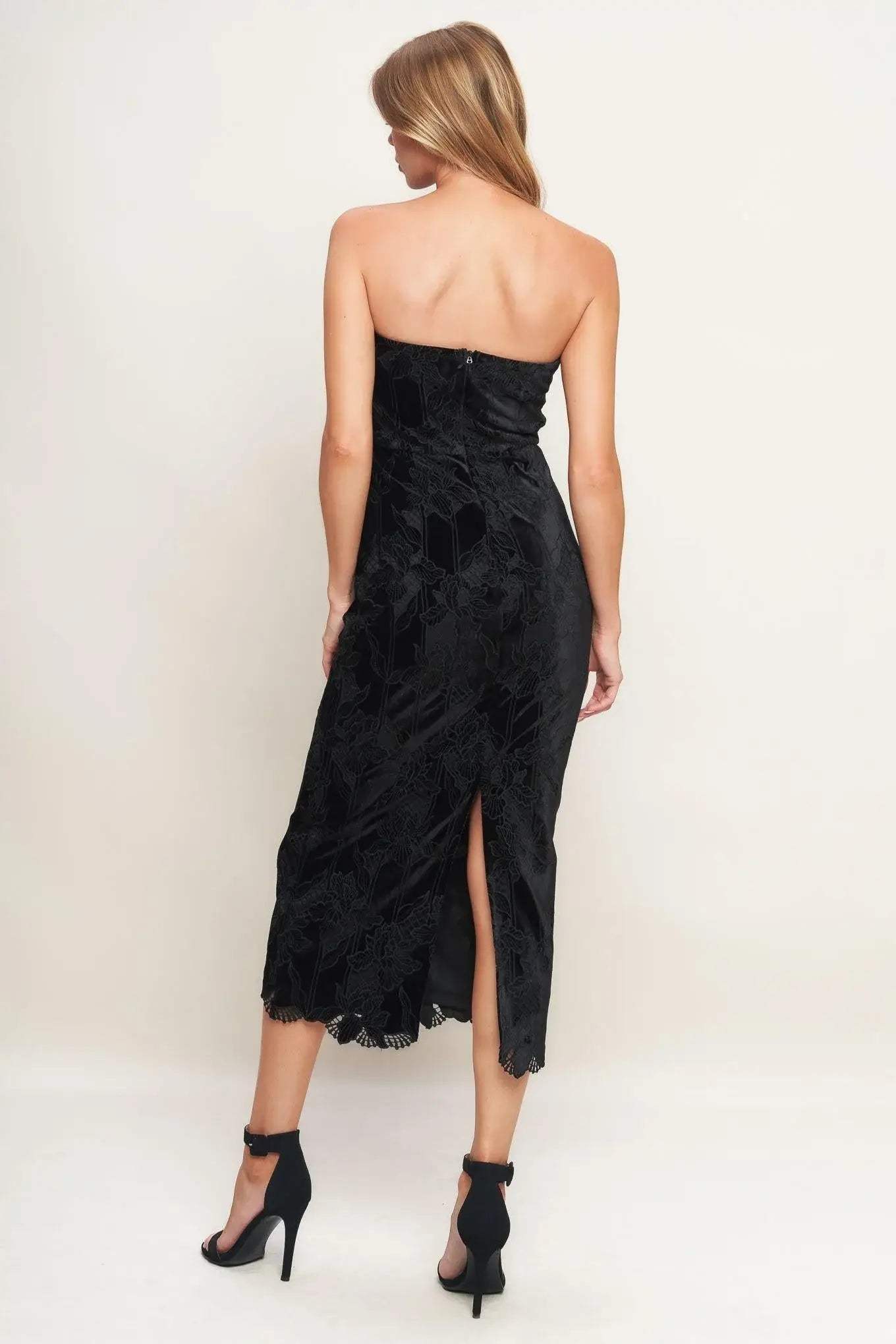 BLACK TEMPTATION WOVEN VELVET LACE MIDI DRESS - Flying Tomato - Flyclothing LLC