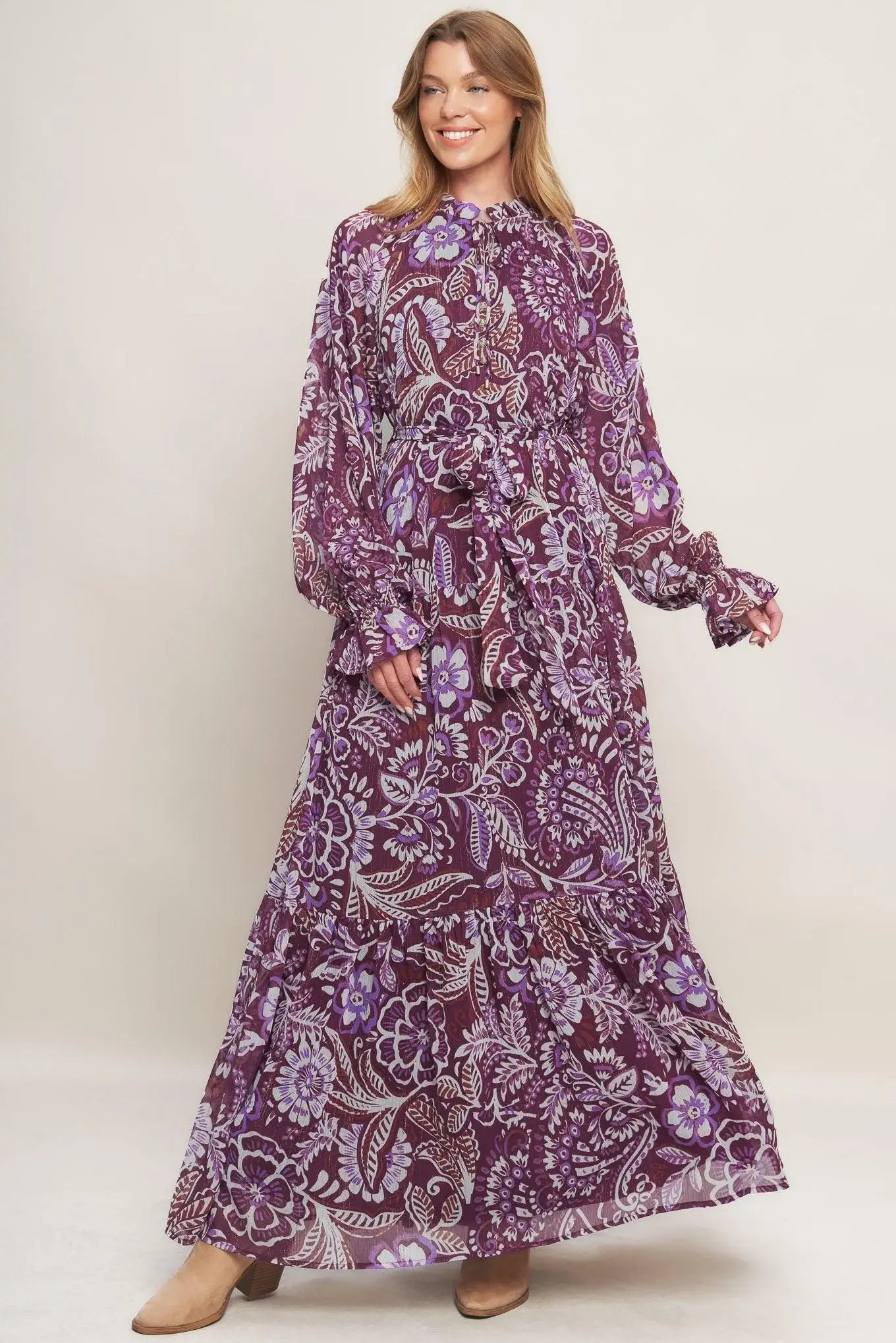 VIOLET BLOSSOM SPIRIT WOVEN MAXI DRESS - Flying Tomato - Flyclothing LLC