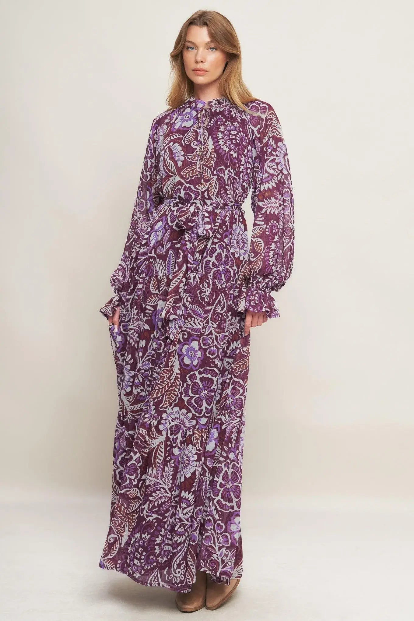 VIOLET BLOSSOM SPIRIT WOVEN MAXI DRESS - Flying Tomato - Flyclothing LLC