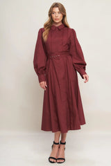 MODERN FEMME BURGUNDY WOVEN MIDI DRESS - Flying Tomato - Flyclothing LLC