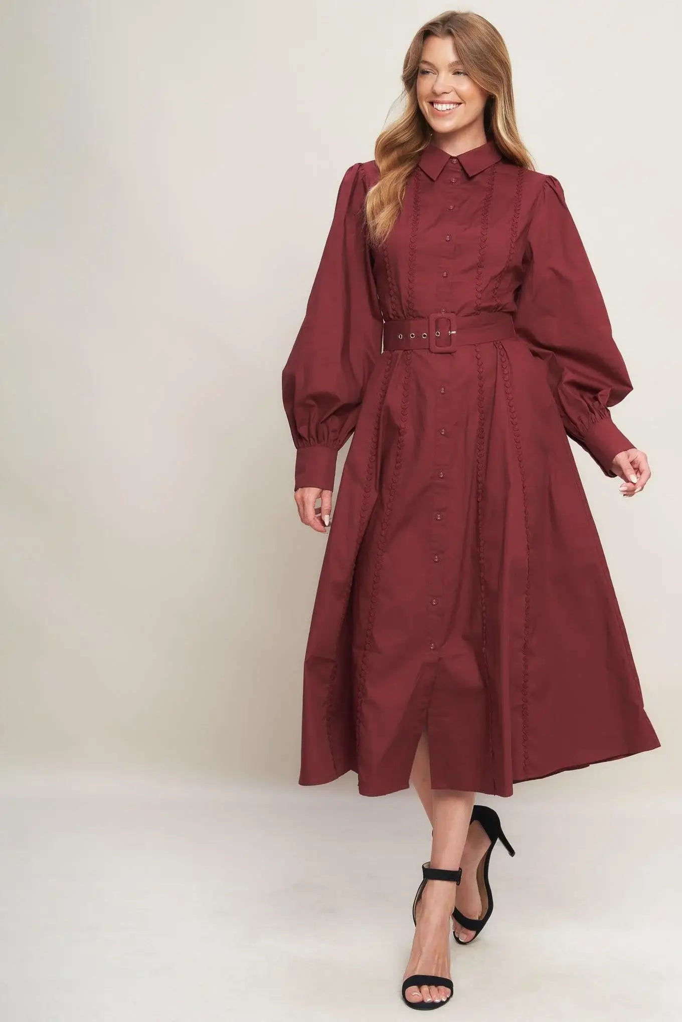 MODERN FEMME BURGUNDY WOVEN MIDI DRESS - Flying Tomato - Flyclothing LLC