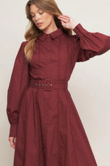 MODERN FEMME BURGUNDY WOVEN MIDI DRESS - Flying Tomato - Flyclothing LLC