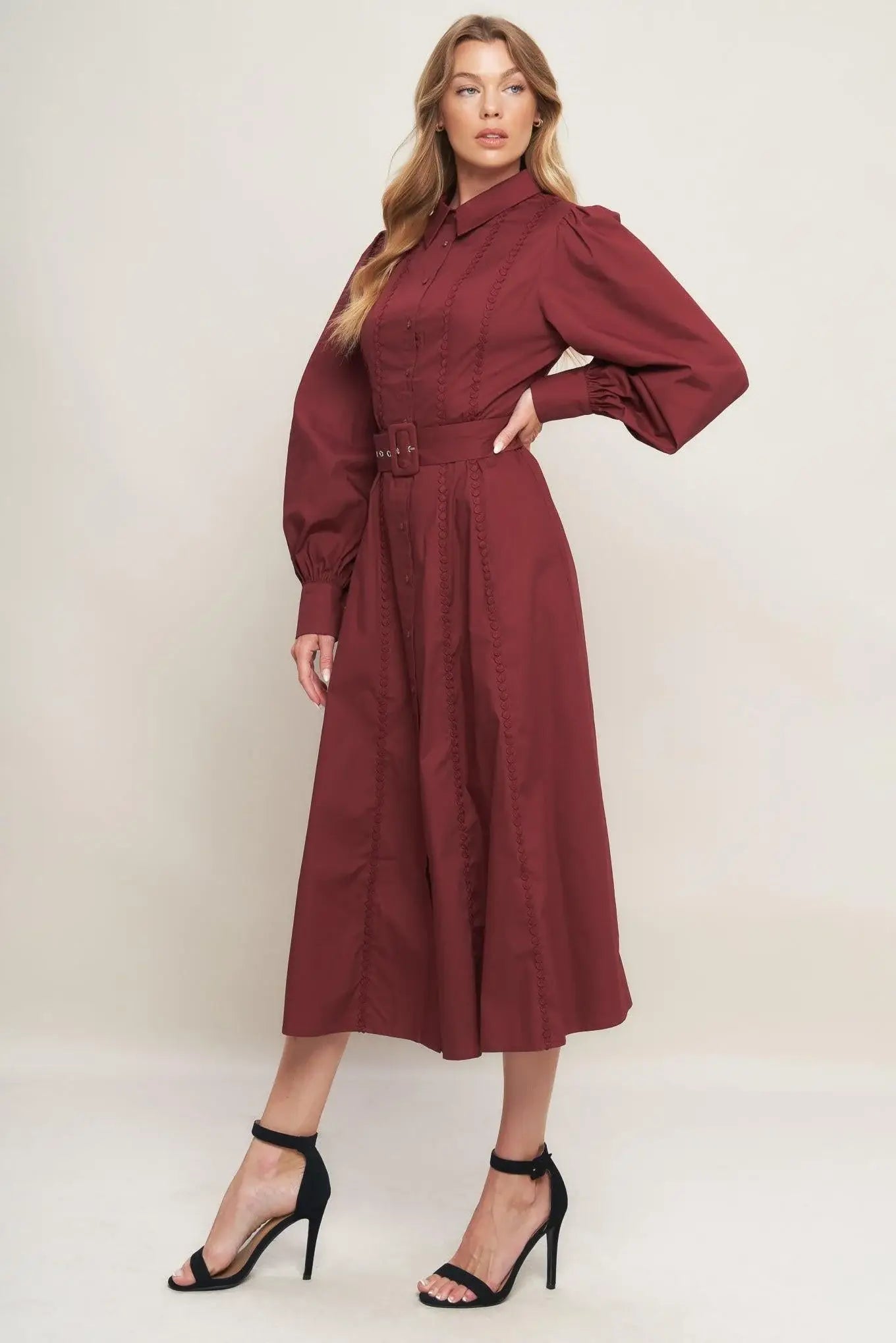 MODERN FEMME BURGUNDY WOVEN MIDI DRESS - Flying Tomato - Flyclothing LLC